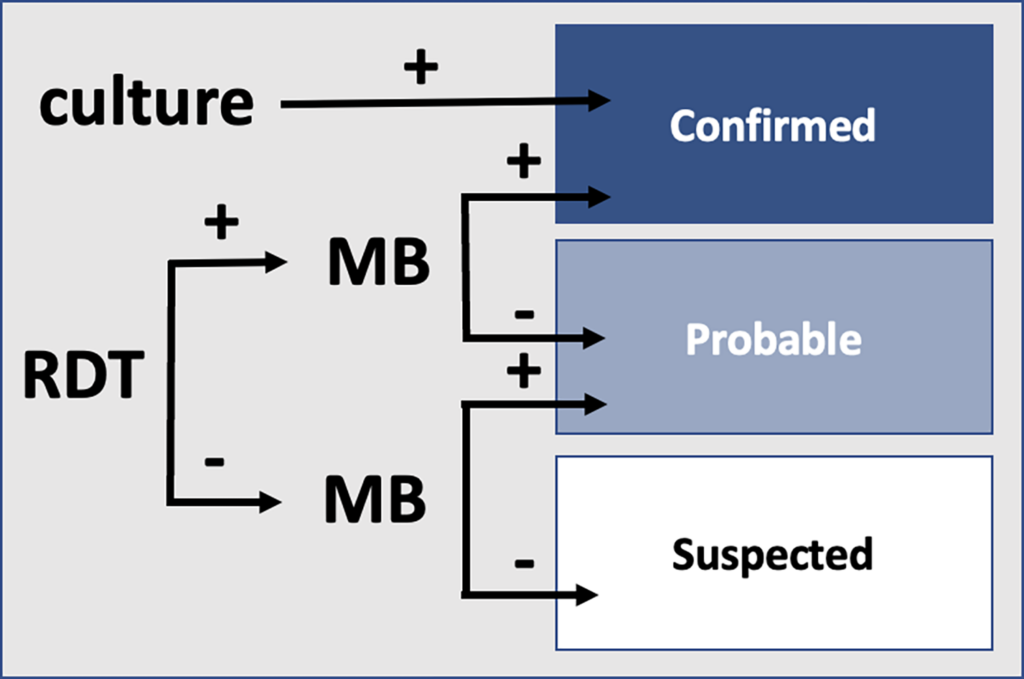 Fig 2. Case classification algorithm.
Confirmed cases include cases with positive results for both RDT and MB and/or positive culture, probable have either RDT or MB positive, and suspected have no confirmatory laboratory results. MB, molecular biology; RDT, rapid diagnostic test. 